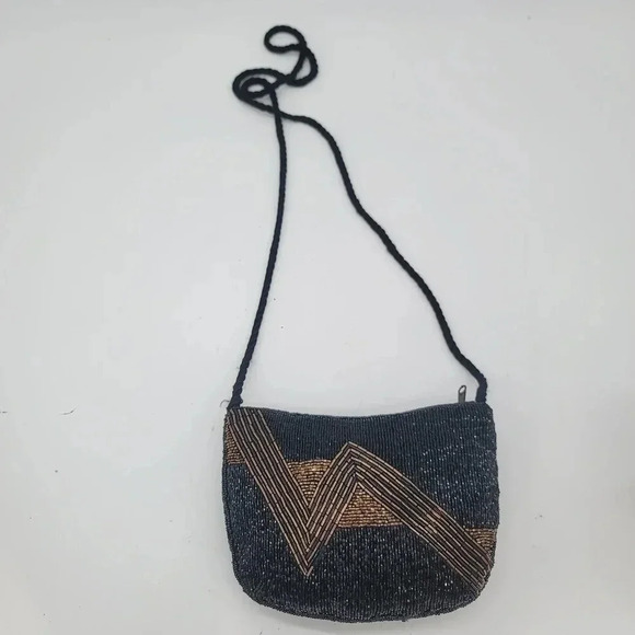 Vintage Rare Unique Beaded Purse Handbag Made In Macau Black Gold Zip - Picture 1 of 7